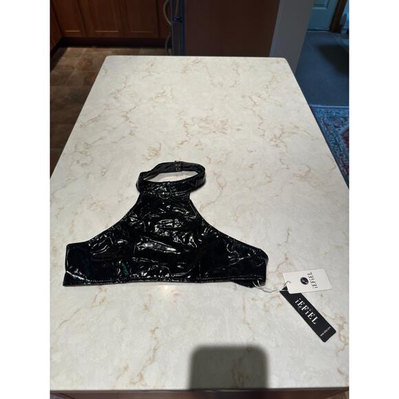 Iefiel Shiny Black Wet Latex Look Scoop Neck Stretchy Metallic Halter Top Sz S - Picture 9 of 10
